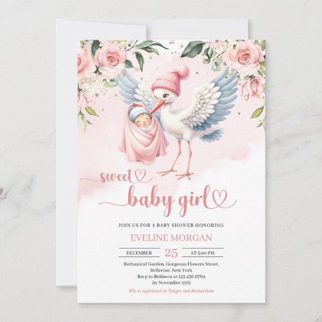 Invitación Pequeña niña de cigüeña floral rosa pastel (Anverso)