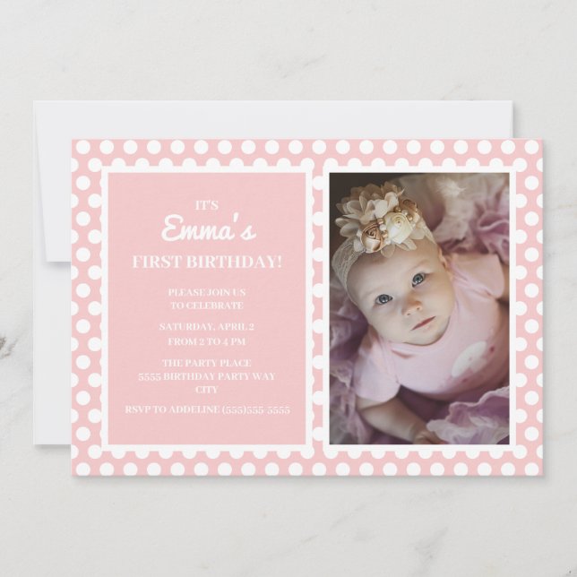 Invitación Pequeña Niña de Polka Blanco Rosa (Anverso)