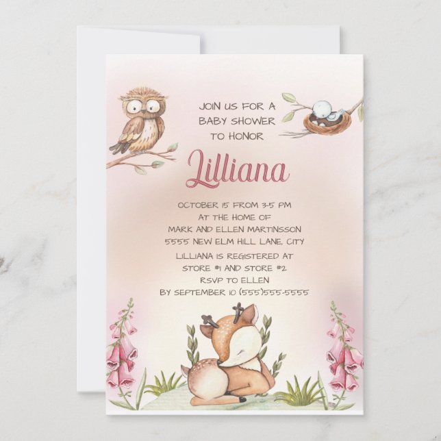 Invitación Pequeña niña dulce dulce de Woodland Animales de L (Anverso)