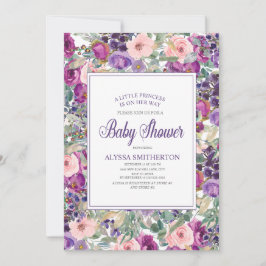 Invitación Pequeña niña morada rosa Floral Baby Shower