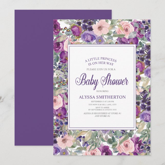 Invitación Pequeña niña morada rosa Floral Baby Shower (Anverso / Reverso)