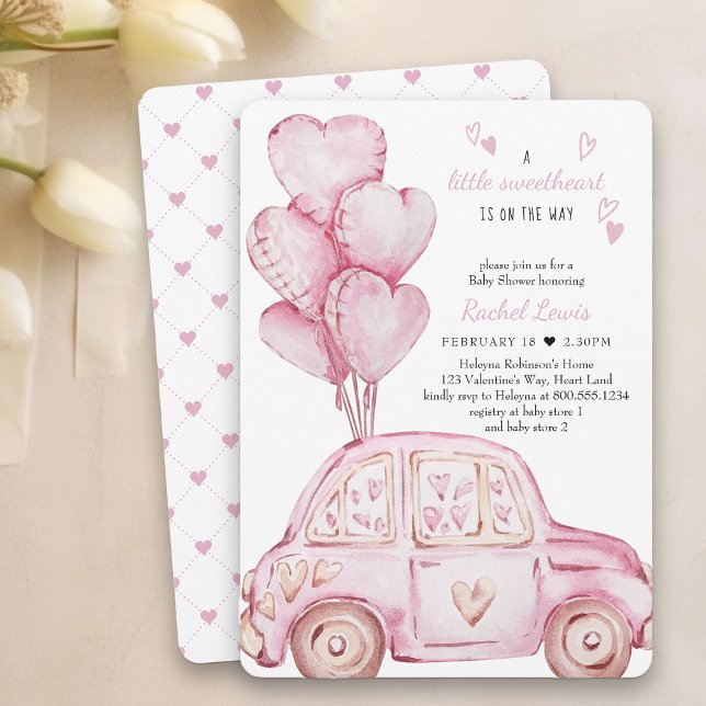 Invitación Pequeña novia Carro rosa y Baby Shower globo (Little Sweetheart Baby Shower Invitation - professionally printed or printable download)