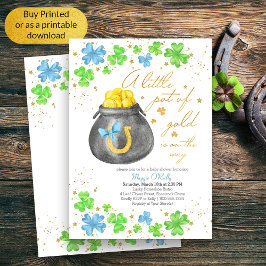 Invitación Pequeña olla de Baby Shower de Shamrock verde azul