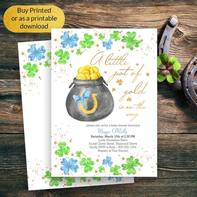 Invitación Pequeña olla de Baby Shower de Shamrock verde azul (Boy Baby Shower Lucky Irish Themed Invitation)