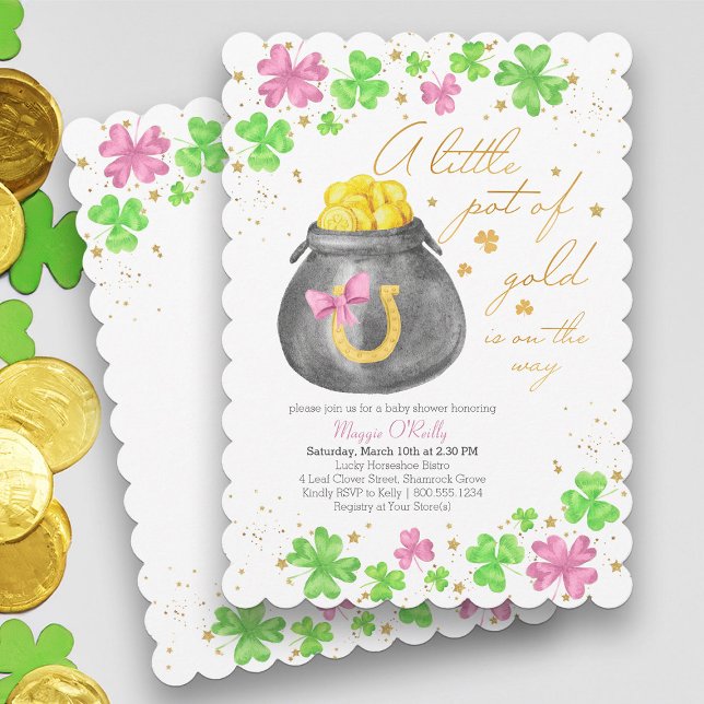 Invitación Pequeña olla de Baby Shower de Shamrock verde rosa (Girl Baby Shower with Pink Shamrocks and St Patricks theme - available printed or printable download)