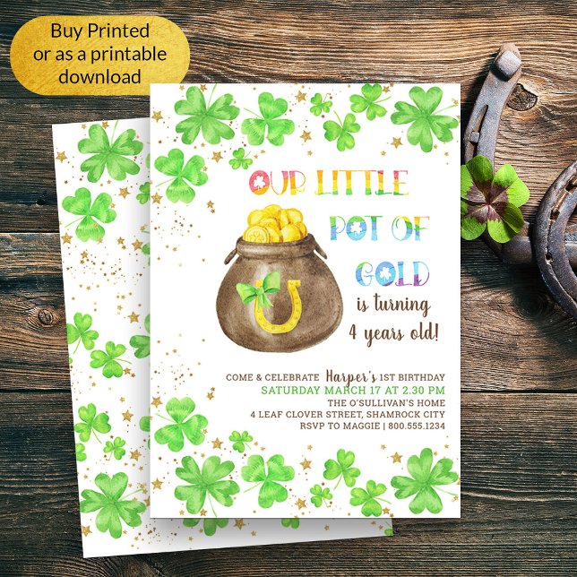 Invitación Pequeña olla de oro Lucky Shamrock Kids Cumpleaños (Kids Whimsical St Patricks Themed Birthday Invitation)
