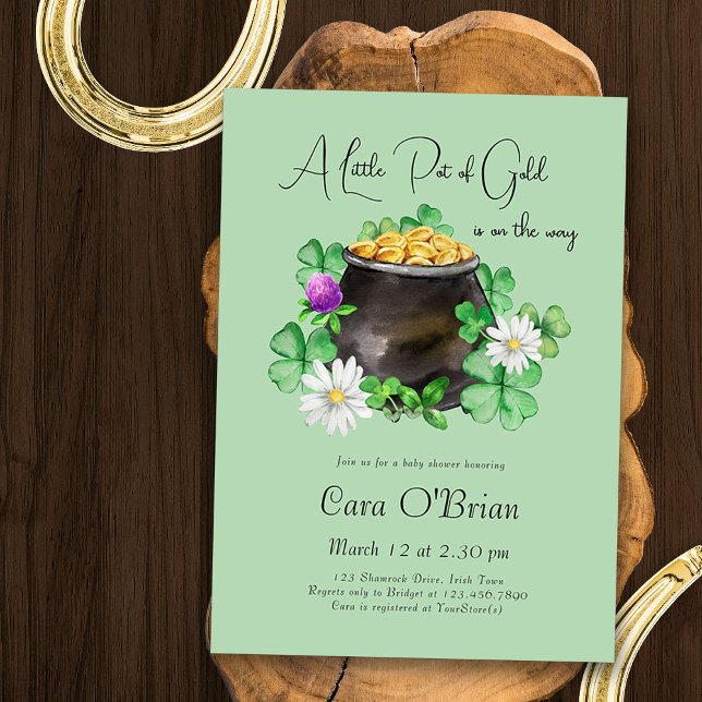 Invitación Pequeña olla del Baby Shower irlandés Shamrock de  (A Little Pot of Gold is on the Way - Gender Neutral Baby Shower Invite with Lucky Irish theme)