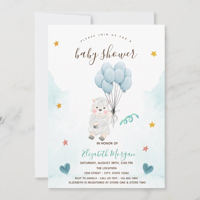 Invitación Pequeña oveja de cordero azul Baby Shower (Anverso)