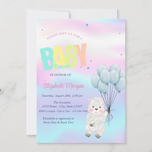 Invitación Pequeña oveja de cordero Holográfica Baby Shower (Anverso)