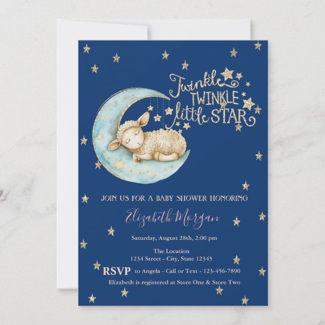 Invitación Pequeña oveja, luna, Purpurina Estrella Baby Showe (Anverso)