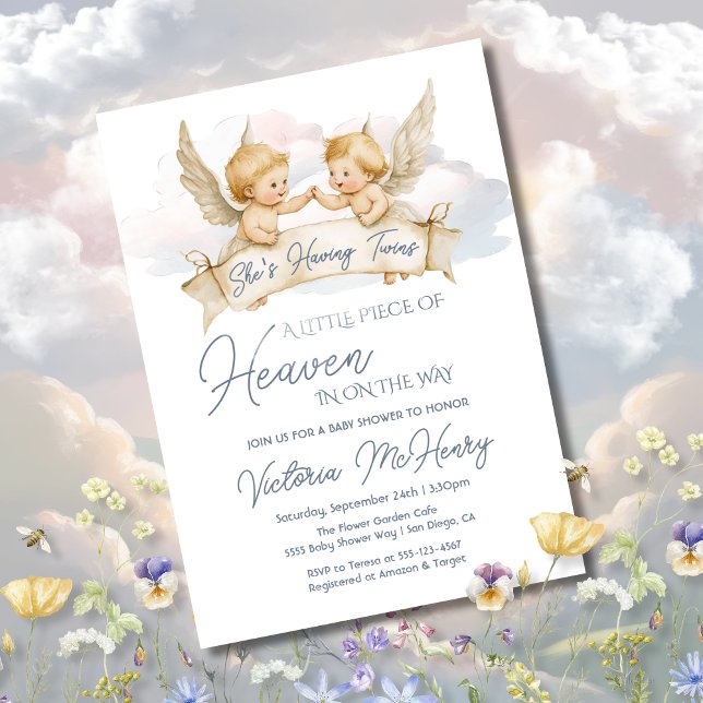 Invitación Pequeña pieza del cielo Angel Twin Baby Shower (Subido por el creador)