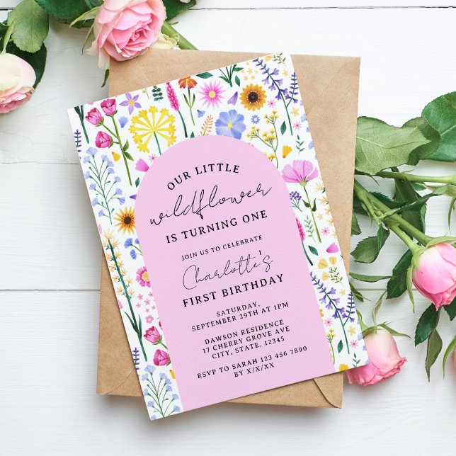 Invitación Pequeña Primavera de Flor Silvestre Primer Fiesta  (Spring Wildflower Girl's Birthday Invitation)