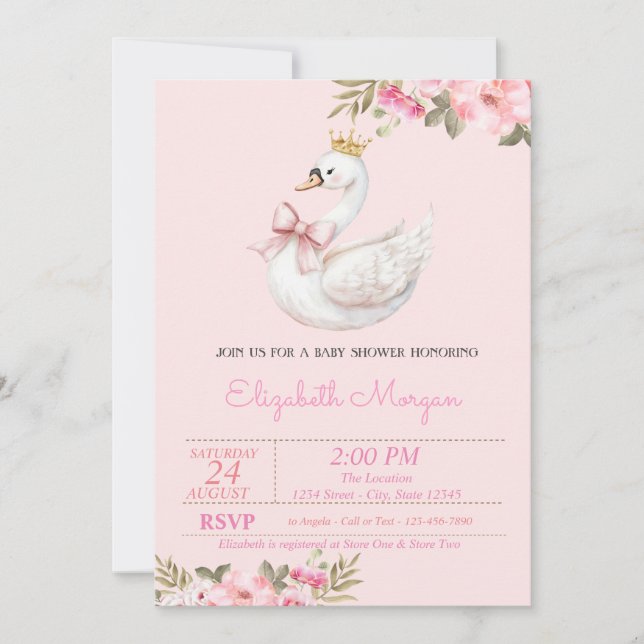 Invitación Pequeña Princesa, Baby Shower Arco de Cisne (Anverso)