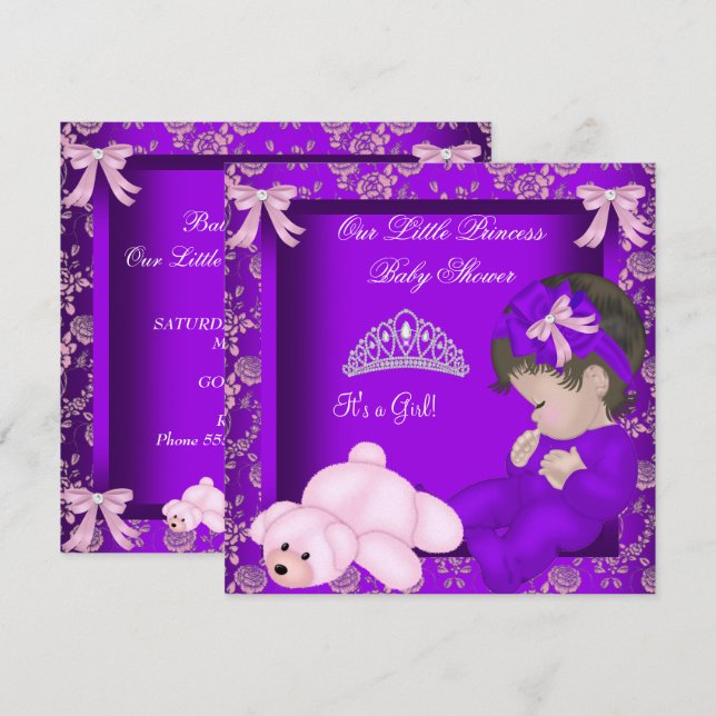 Invitación Pequeña Princesa Baby Shower Chica Purple Damask (Anverso / Reverso)