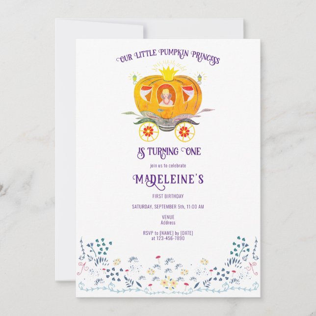 Invitación Pequeña Princesa Calabaza Flor silvestre primer cu (Anverso)