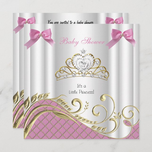 Invitación Pequeña Princesa Chica Baby Shower Oro Blanco Rosa (Anverso / Reverso)