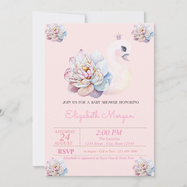 Invitación Pequeña Princesa, Cisne, Flores Rosa Baby Shower (Anverso)