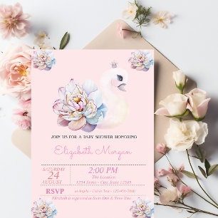 Invitación Pequeña Princesa, Cisne, Flores Rosa Baby Shower