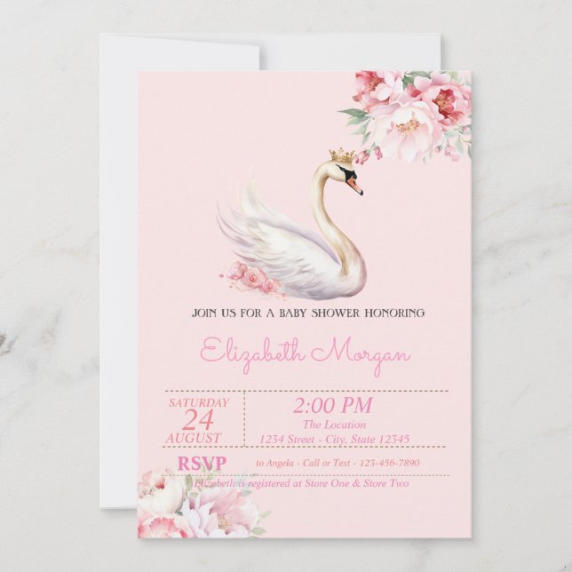 Invitación Pequeña Princesa, Corona de cisne, Baby Shower flo (Anverso)