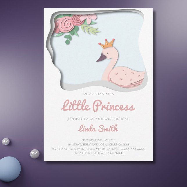 Invitación Pequeña Princesa Cute Swan Chica Floral Baby Showe (Subido por el creador)