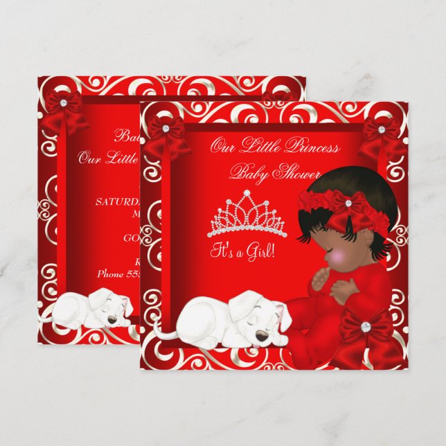 Invitación Pequeña Princesa Fiesta de Bebé Niña Rojo Damasco (Anverso / Reverso)