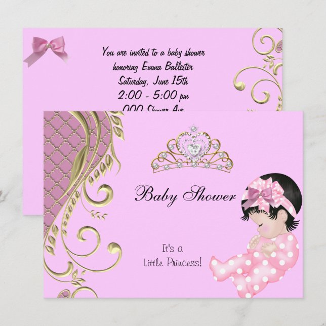 Invitación Pequeña Princesa Fiesta de Bebé Niña Rosa Blanco O (Anverso / Reverso)