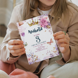 Invitación Pequeña Princesa Floral Morada Chica Fiesta de Cum