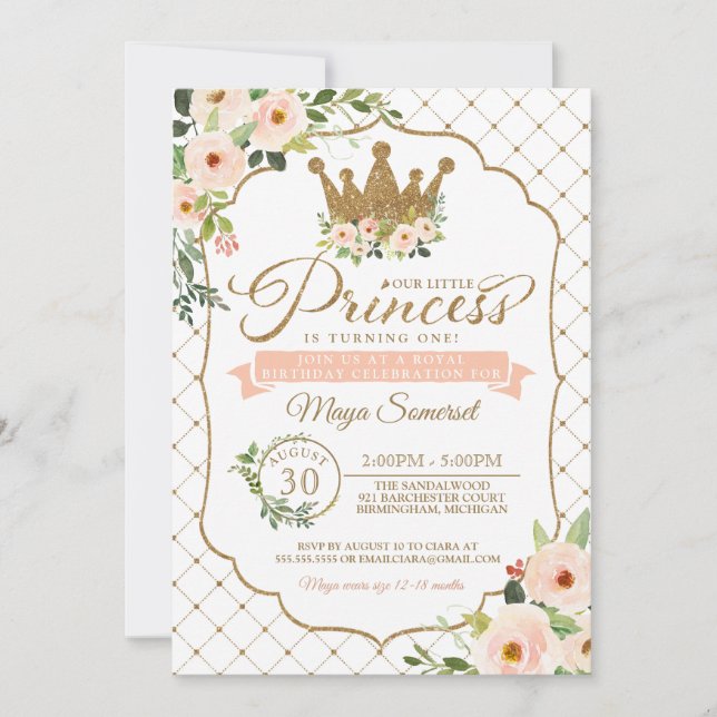 Invitación Pequeña princesa Floral y cumpleaños real del oro (Anverso)