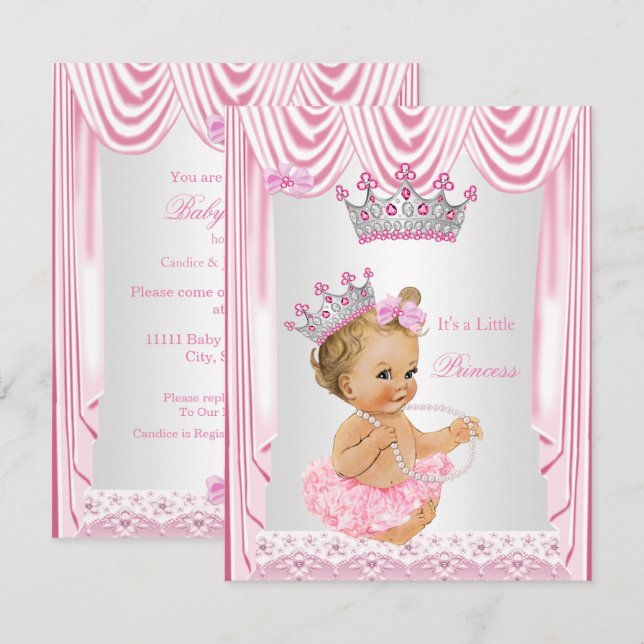 Invitación Pequeña Princesa Niña Fiesta de Bebé Rosa Rubia (Anverso / Reverso)