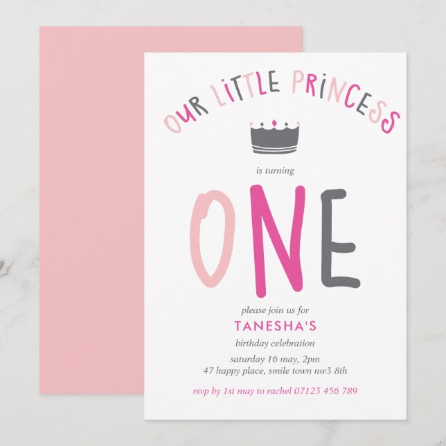 Invitación Pequeña Princesa primer Fiesta rosa de cumpleaños (Anverso / Reverso)