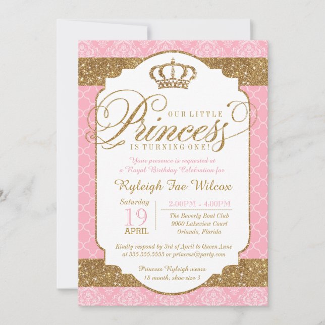 Invitación Pequeña Princesa Real de Oro Rosado Cumpleaños o D (Anverso)