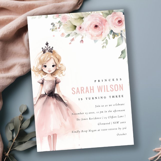 Invitación Pequeña Princesa Rosa Cuta Rosa Cumpleaños Floral (Subido por el creador)
