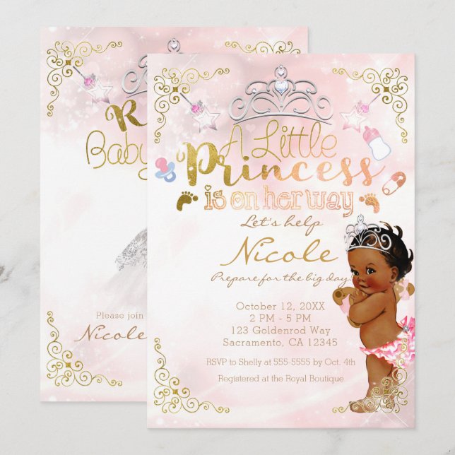 Invitación Pequeña Princesa Rosa Étnica Oscura Bebé Ducha (Anverso / Reverso)