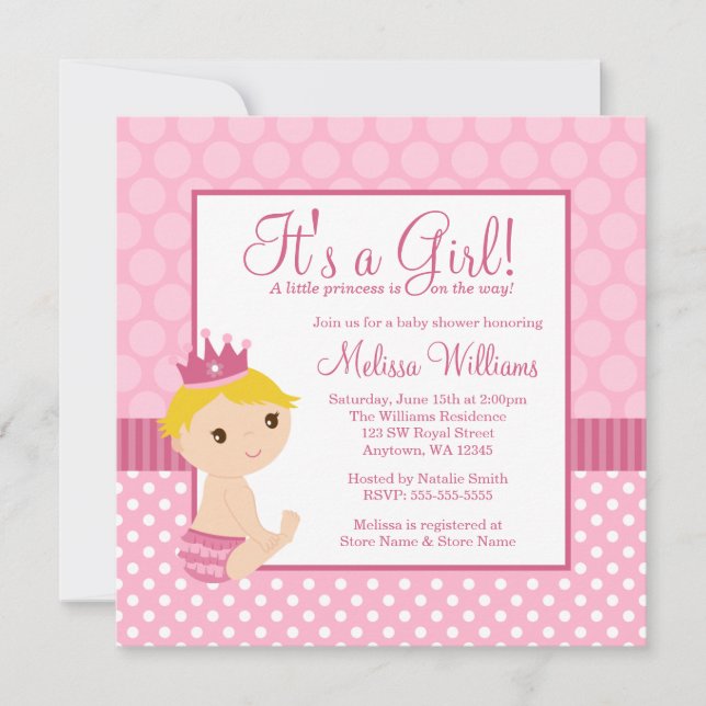 Invitación Pequeña Princesa Rosa Polka Chica Baby Shower (Anverso)