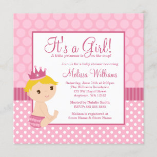 Invitación Pequeña Princesa Rosa Polka Chica Baby Shower