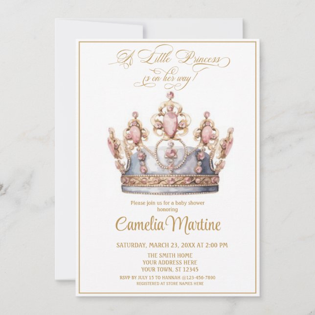 Invitación Pequeña princesa rosa y ducha de bebé dorada (Anverso)