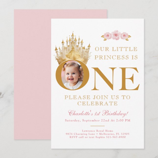 Invitación Pequeña Princesa Rosa y Oro Primera Foto de Cumple (Anverso / Reverso)