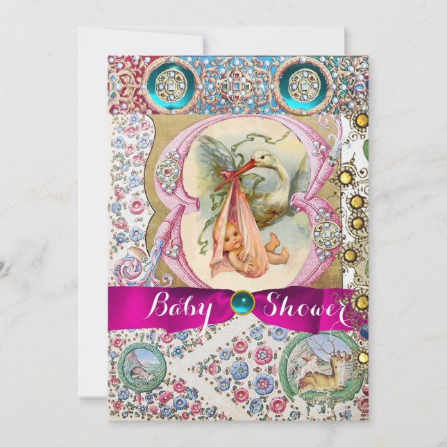 INVITACIÓN PEQUEÑA PRINCESA STORK BABY SHOWER,GEMSTONES FLORA (Anverso)