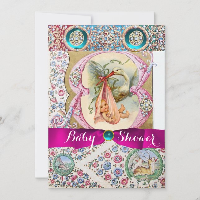 INVITACIÓN PEQUEÑA PRINCESA STORK BABY SHOWER,GEMSTONES FLORA (Anverso)