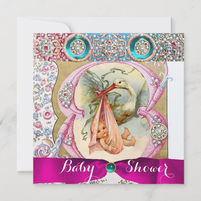 INVITACIÓN PEQUEÑA PRINCESA STORK BABY SHOWER,GEMSTONES FLORA (Anverso)