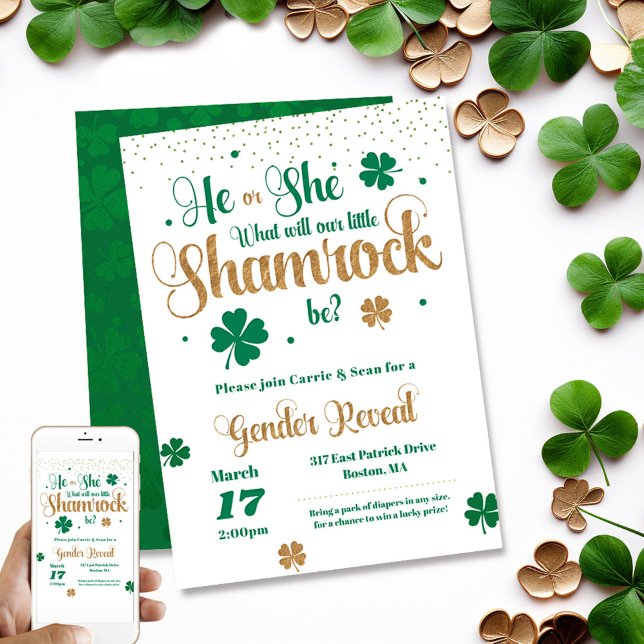 Invitación Pequeña revelación de género en el Día de San Patr (He or she, Shamrock gender reveal invitation. Shown with both printed & digital version. )