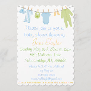 Invitación Pequeña ropa azul y verde horneada a la crema y