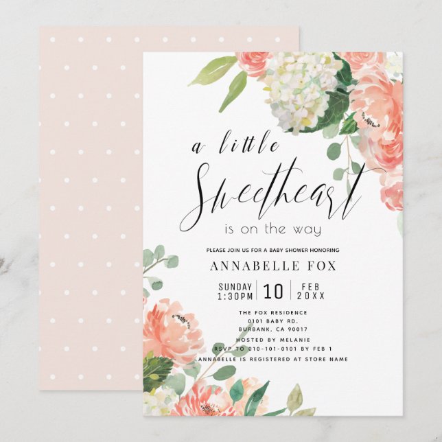 Invitación Pequeña Rosa y Hydrangea Baby Shower (Anverso / Reverso)
