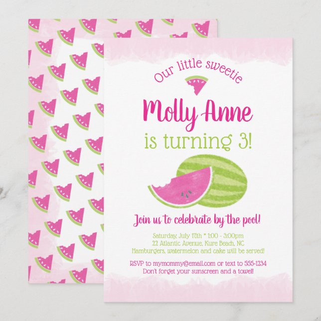 Invitación Pequeña sandía dulce Chica de cumpleaños verde ros (Anverso / Reverso)