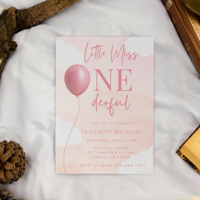 Invitación Pequeña señorita con globo rosa Maravilloso primer (Subido por el creador)