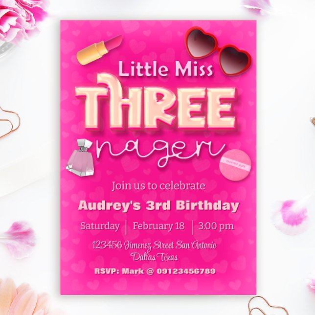 Invitación Pequeña Señorita de Tresañera - Cumpleaños niña 3  (Little Miss Threenager - Girl 3rd Birthday Invitation)
