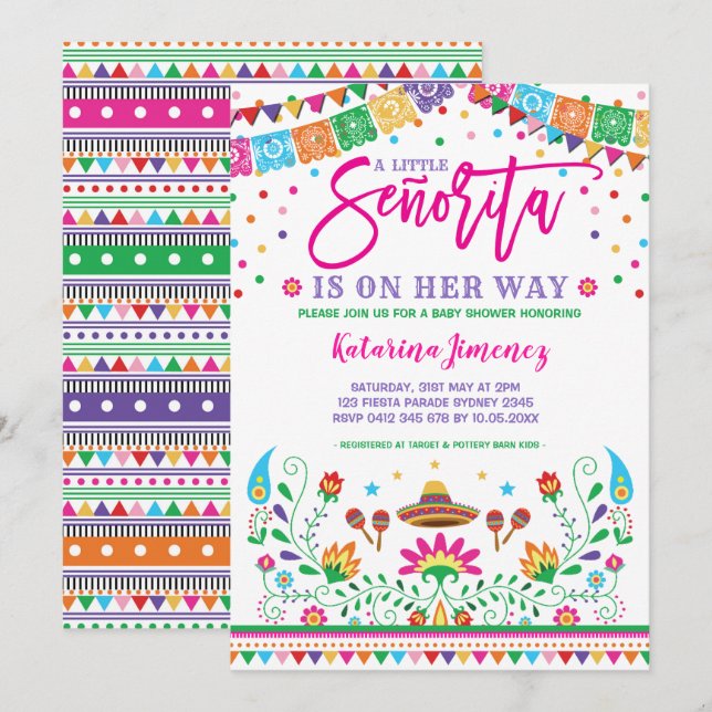 Invitación Pequeña señorita Fiesta Baby Shower flor mexicana (Anverso / Reverso)