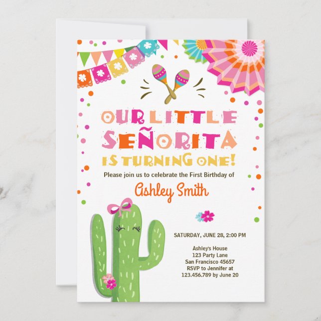 Invitación Pequeña señorita Fiesta Cactus Primer Cumpleaños R (Anverso)