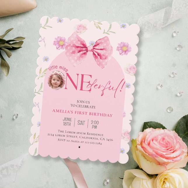 Invitación Pequeña señorita floral de Bow rosa Maravilloso pr (Subido por el creador)