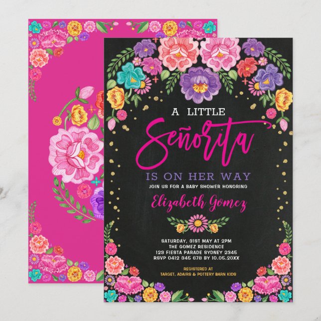 Invitación Pequeña señorita Floral Fiesta Chica Baby Shower (Anverso / Reverso)